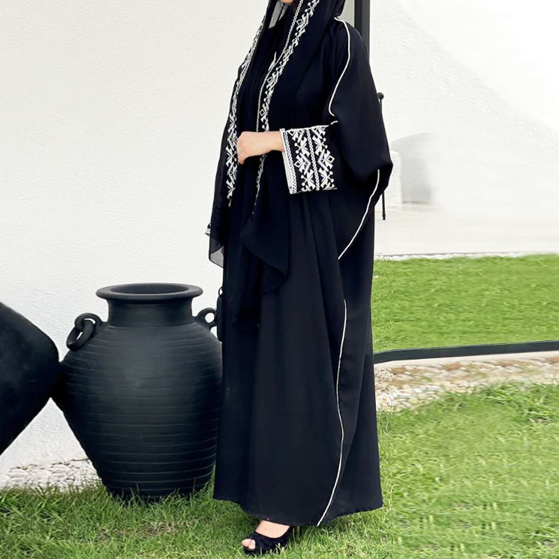 2025 Women's New Abaya Muslim Cardigan Robe Color Block Embroidery Outerwear_voghion.com