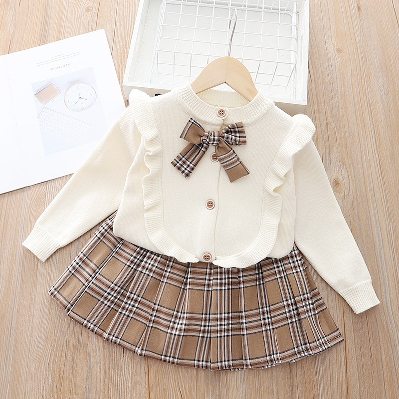 Vestido de primavera para niñas, Falda plisada a cuadros tejida con fragancia pequeña a la moda, conjunto de dos piezas del Sur, novedad de 2023_voghion.com