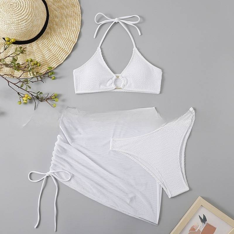 Women's Clothing Spring And Summer New Women's Swimsuit Slim Fit Pure Color Sexy Fashion Hanging Neck Three Piece Set_voghion.com