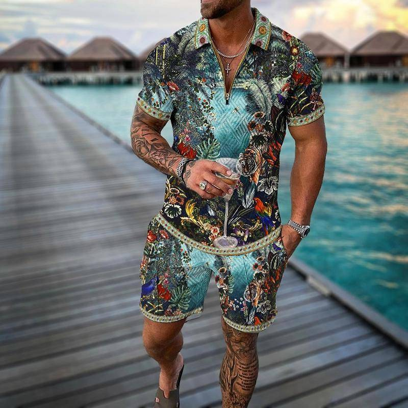Neues modisches Poloshirt-Set mit Reißverschluss für Herren, lässig, mit 3D-Druck, kurzärmelige Hemden und Shorts_voghion.com