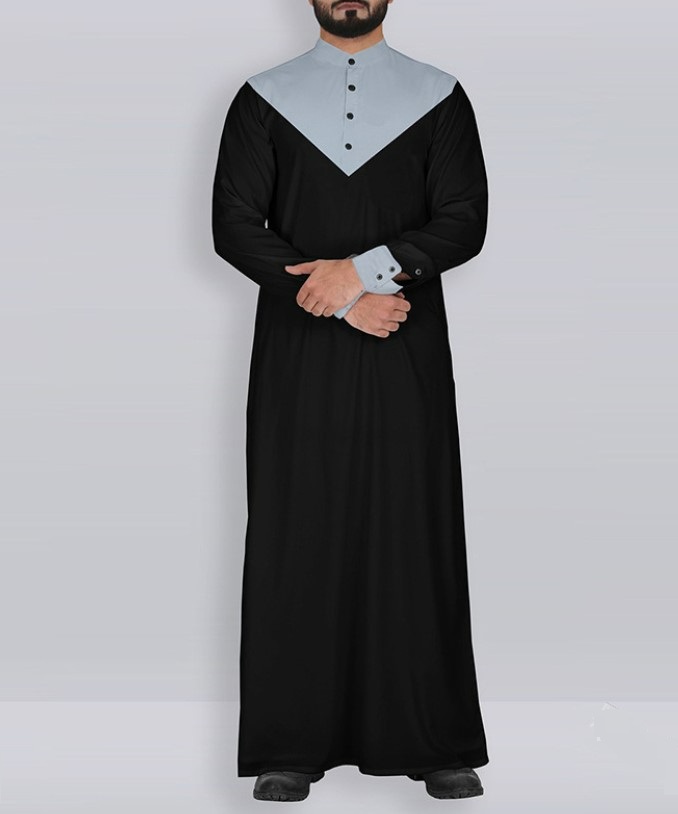 Robe masculino de malha com gola longa e botões, decoração em bloco de cores, robe alongado para homens_voghion.com