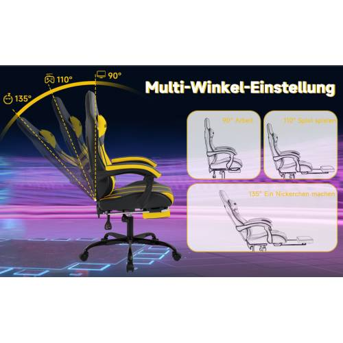 Sedia da gioco, schienale alto ergonomico con poggiapiedi, girevole a 360°, reclinazione regolabile, in similpelle, verde menta/giallo/nero, per gioco/ufficio/casa_voghion.com