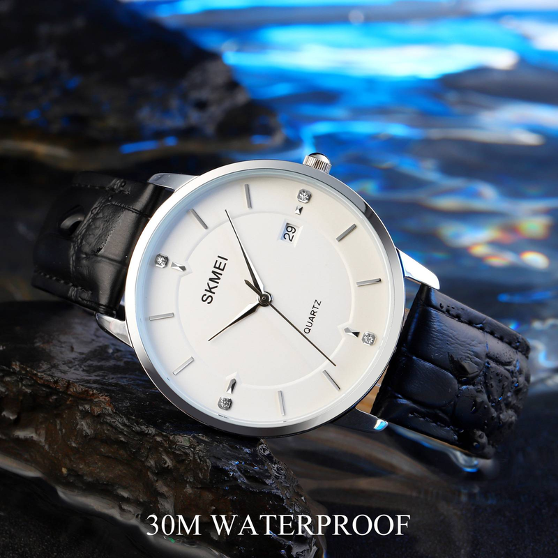 SKMEI 1801 Men's Quartz Watch: Elegant Leather Strap Water Resistant Silver Case & Black Dial Date Display_voghion.com