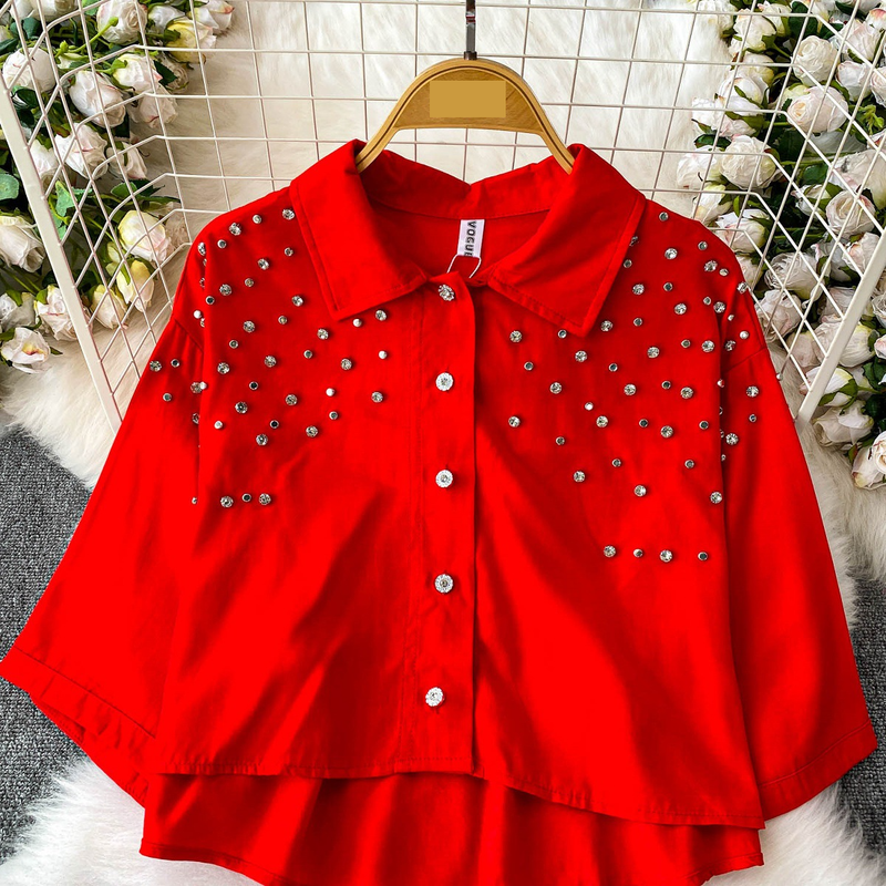 Luxe blouse met versieringen voor dames, statement revers, top met halflange mouwen, 8 levendige kleuren (zwart/groen/rood/meer) voor op kantoor en een avondje uit_voghion.com
