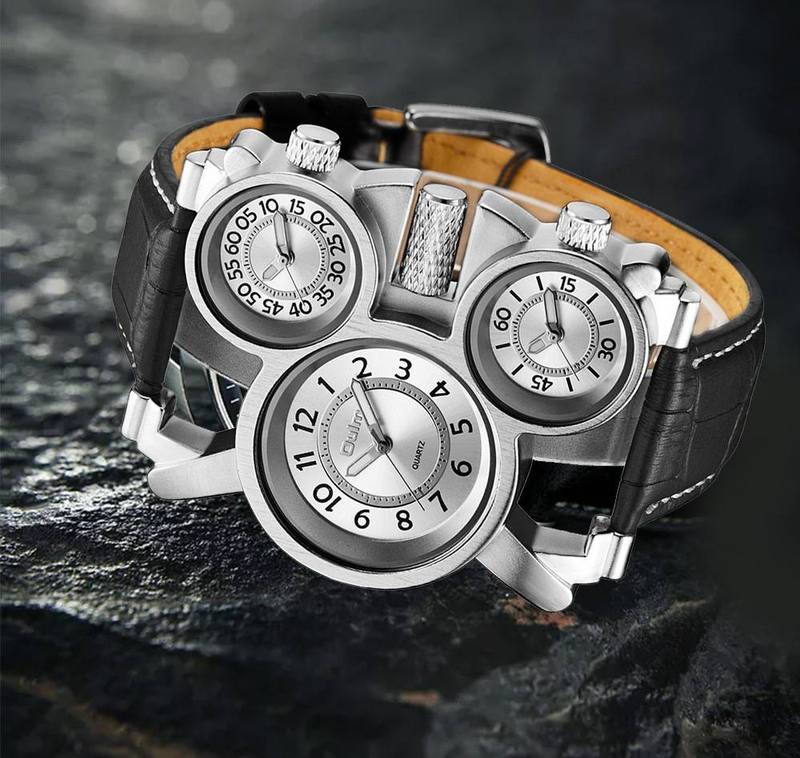 Men's Classic Quartz Watch With Genuine Leather Strap, GMT Function, Mineral Crystal, Square Dial, Water Resistant_voghion.com