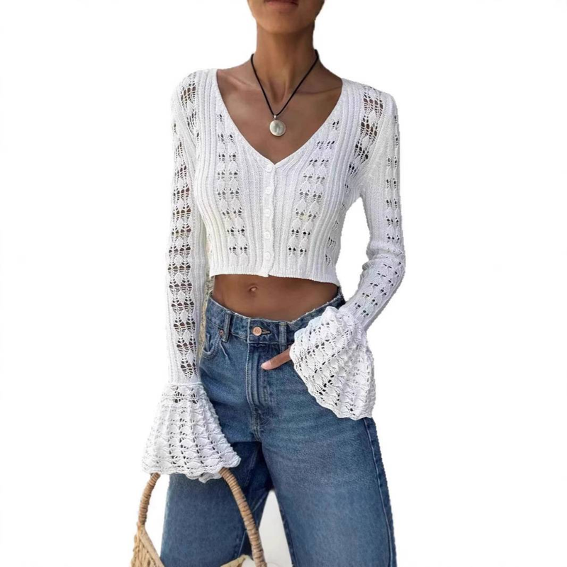 Cardigan da donna in maglia lavorata all'uncinetto – Top sexy con scollo a V, maniche lunghe e apertura frontale (S-XL, misto cotone e lino, dettagli in pizzo)_voghion.com
