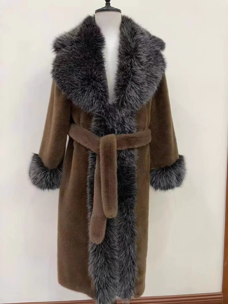 Eleganter Kunstpelzmantel Damen Langer Trenchcoat Mit Gürtel Slim Fit Winterjacke Modische Oberbekleidung, Kunstpelzmäntel_voghion.com