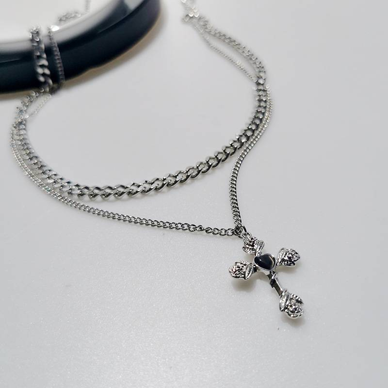 Collana con croce a doppio strato e fiore per donna con design di nicchia di alta qualità_voghion.com