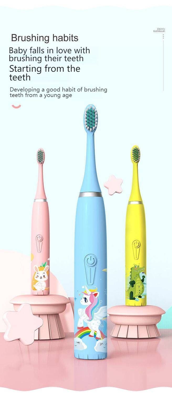 Spazzolino elettrico per bambini con 5 modalità, setole morbide, ricaricabile tramite USB e alimentato a batteria, divertenti disegni di animali_voghion.com