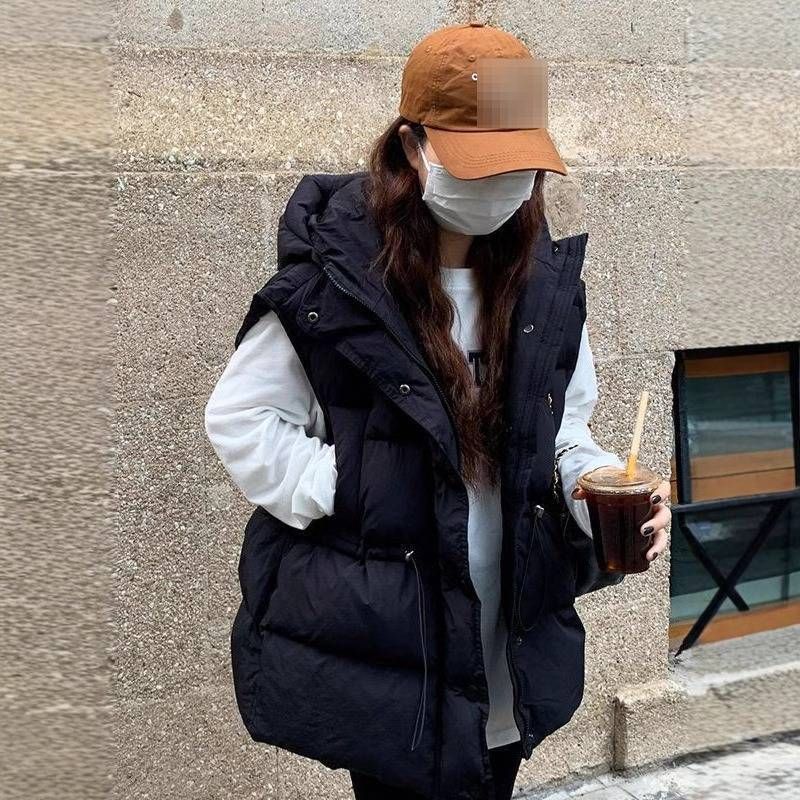 Vêtements pour femmes - Gilet matelassé à capuche sans manches, coupe ample, style décontracté_voghion.com