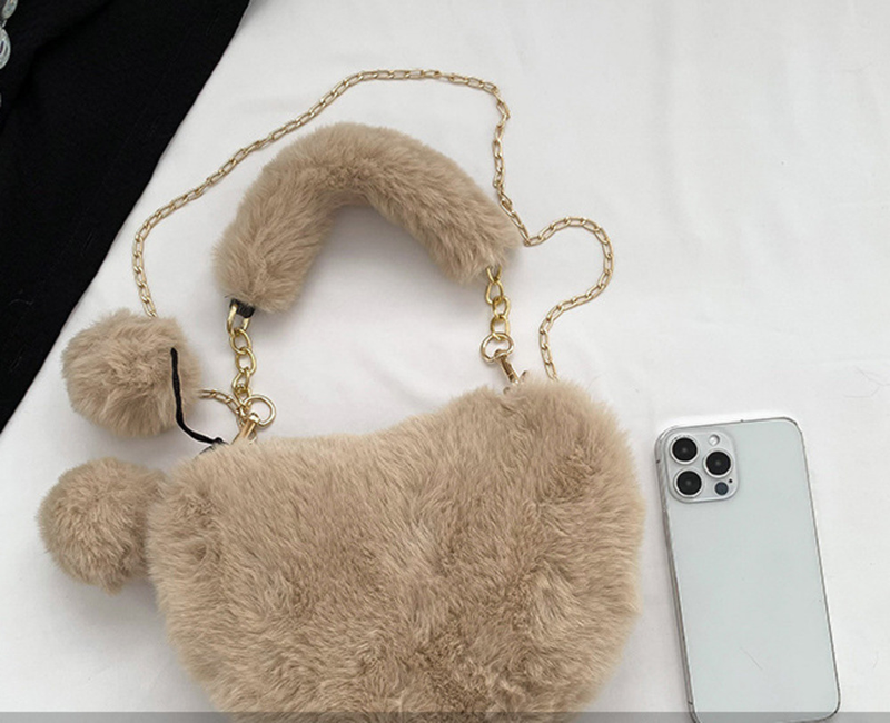 Peach Heart Handbag, Cute Plush Ball Shoulder Bag, Personalized And Niche Women's Solid Color Temperament, Heart Shaped Plush Diagonal Straddle Bag_voghion.com