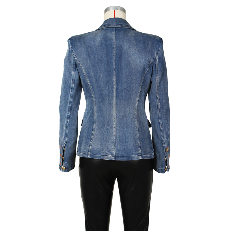 Damenbekleidung – Neue, schmal geschnittene, zweireihige Jeansanzugjacke mit Löwenknöpfen von Stars_voghion.com