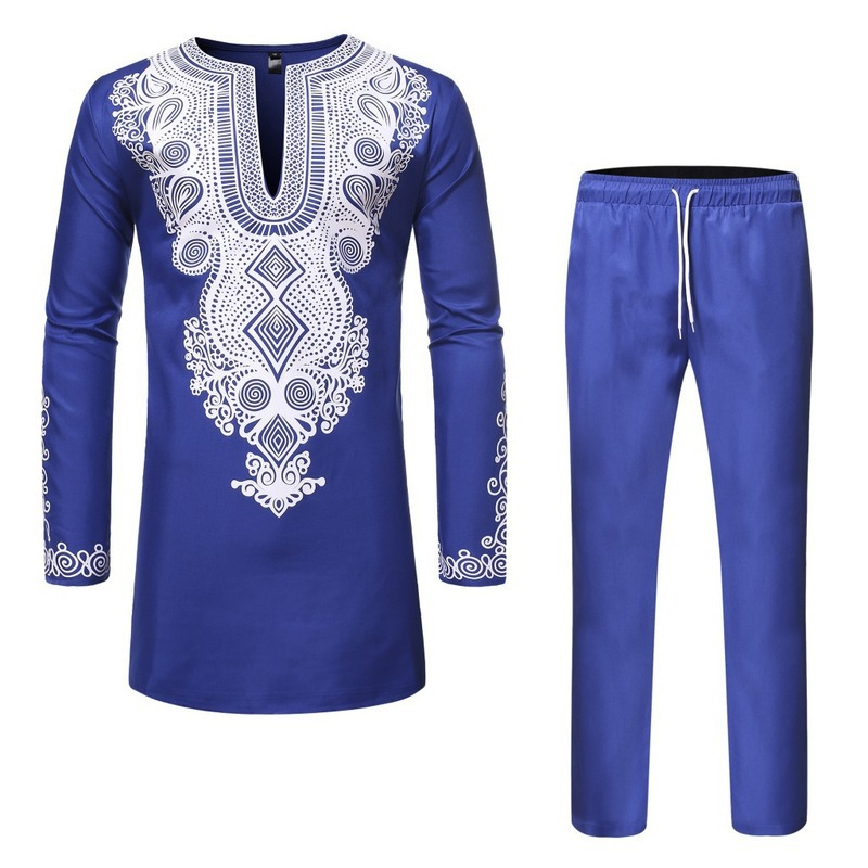 Men's African print casual mid-length deep V robe T-shirt casual pants suit_voghion.com