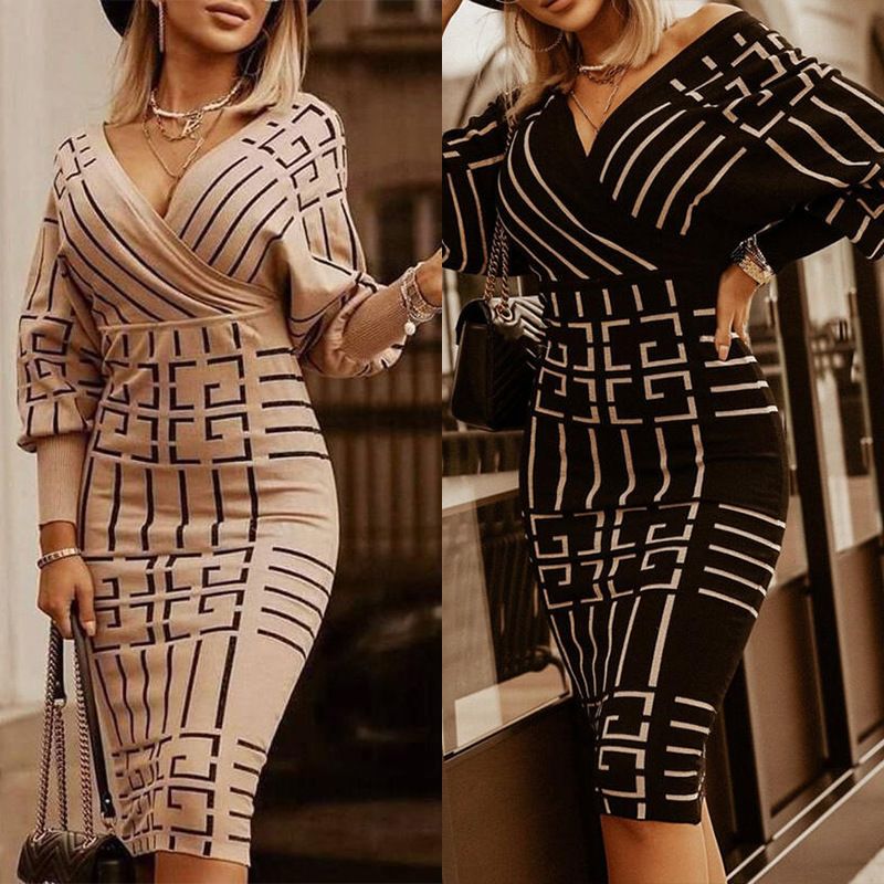 Abito da donna a righe con scollo a V medio e maniche lunghe a vita alta_voghion.com