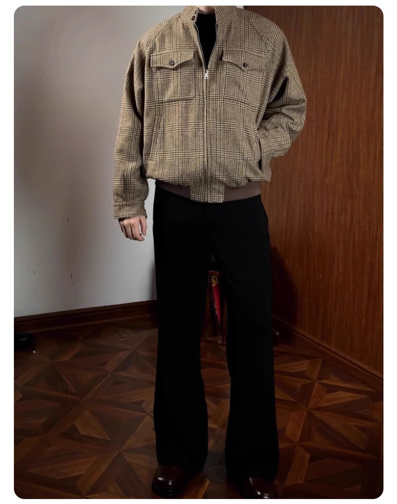 Klassische karierte Harrington-Jacke für Herren – Wollmischung, bequeme Passform, Stehkragen, Reißverschluss vorne, lange Ärmel, lässige Oberbekleidung für Herbst und Frühling_voghion.com