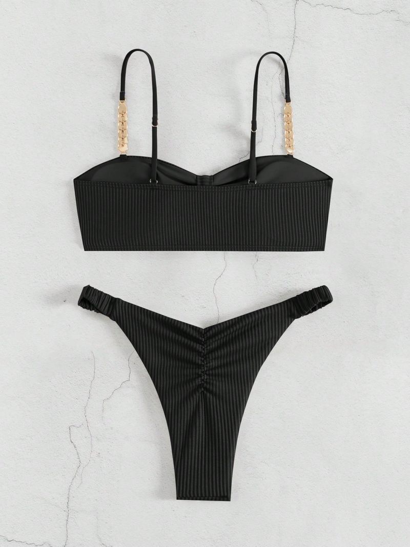 Women's Clothing Solid Color Tube Top Hollow Beach Bikini Triangle Split Beach Swimsuit_voghion.com