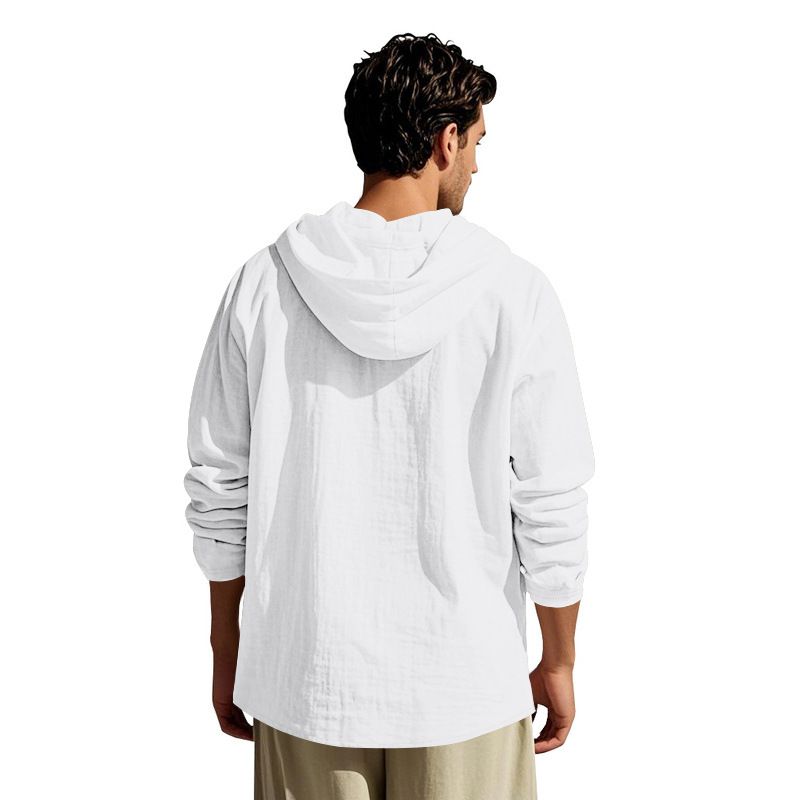 Lente en herfst lang mouwen linnen overhemd heren capuchon casual losse T-shirt trui heren_voghion.com