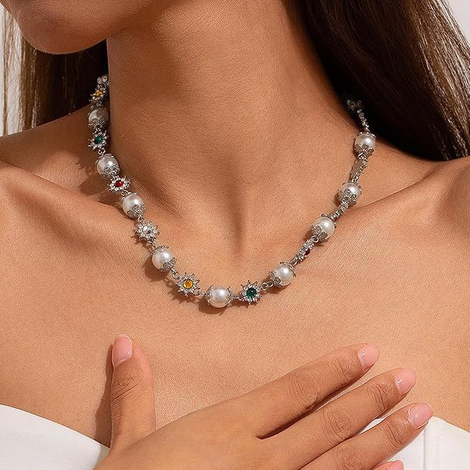 Collier vintage à succès pour femme, inspiré du hip-hop, orné de fleurs incrustées, de perles et de diamants colorés._voghion.com