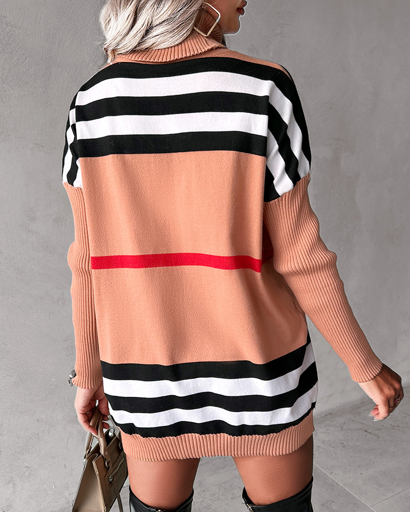 Maglione dolcevita a righe a contrasto casual alla moda da donna_voghion.com