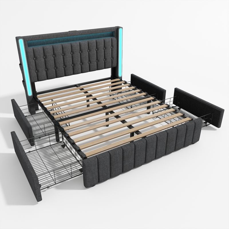 Lit double avec rangement et lattes en bois, chargement USB Type-C, éclairage LED et 4 tiroirs, gris (matelas non inclus). Lit enfant 140 x 200 cm._voghion.com