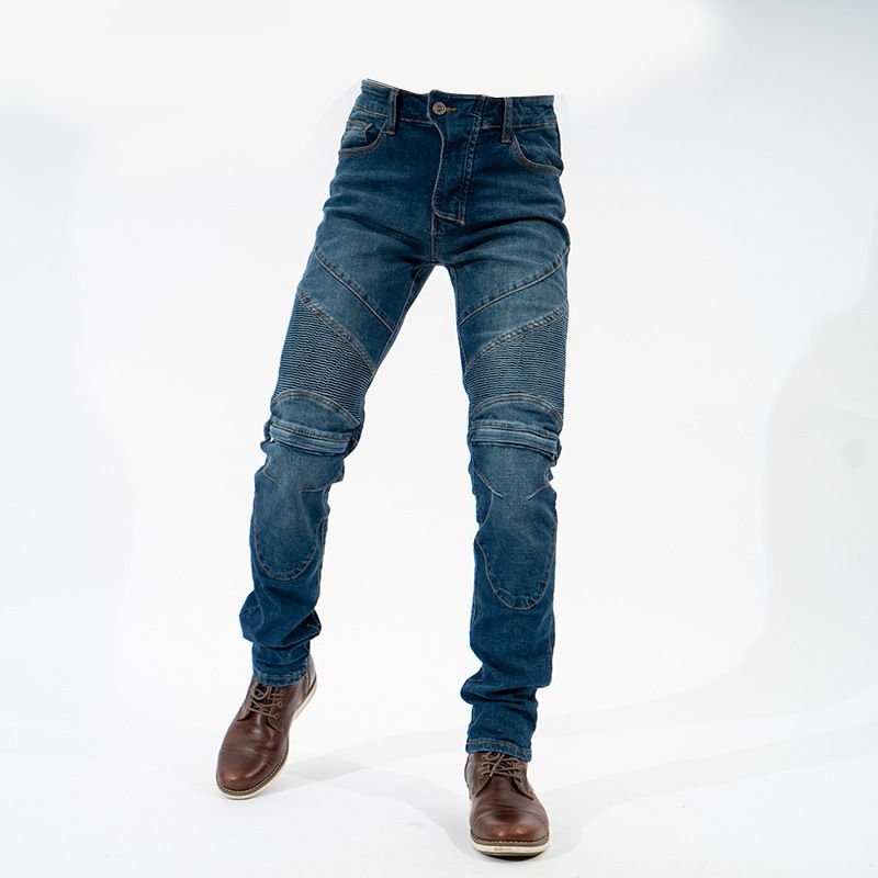 Pantaloni da motociclista in denim elasticizzato da uomo e da donna con protezione per le ginocchia - Jeans da motociclista antigraffio, vestibilità slim per tutte le stagioni (blu/nero)_voghion.com