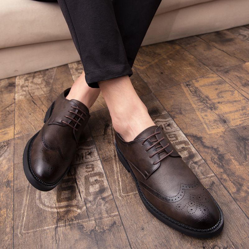 Suitable For All Seasons 2025 Men's Leather Business Formal Brogue Casual British Korean Style Groom Wedding Shoes Large Size_voghion.com
