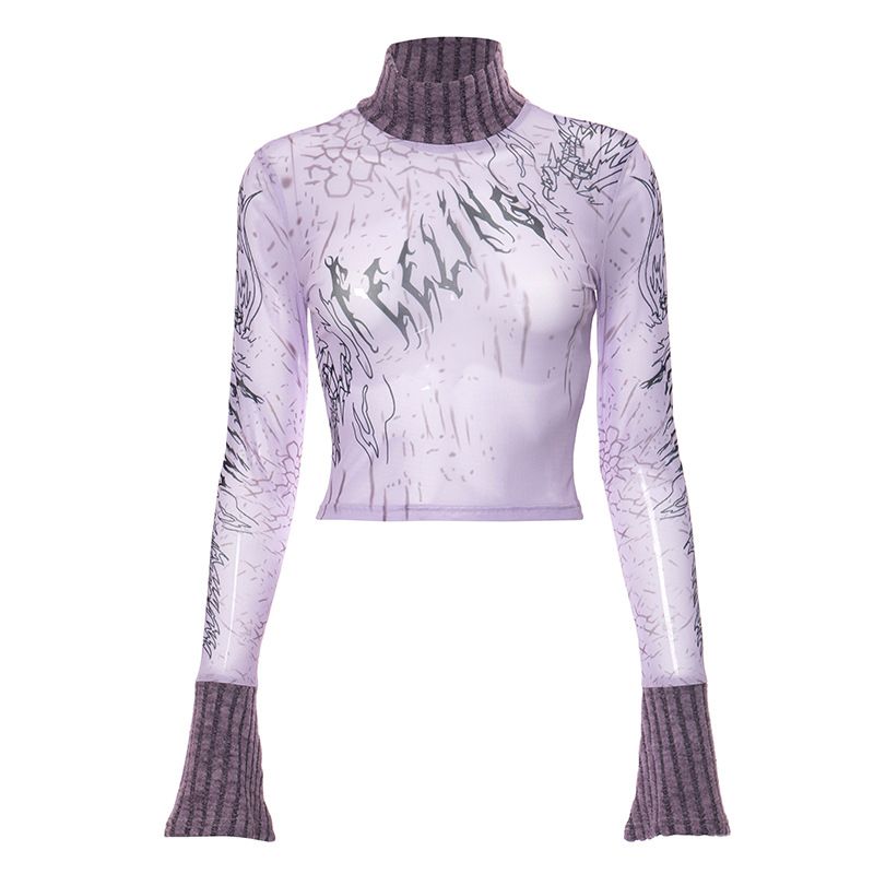 Q23TP750 2024 Top corto con ombligo expuesto y retazos de malla con estampado de patrón para mujer, nuevo estilo de Instagram_voghion.com
