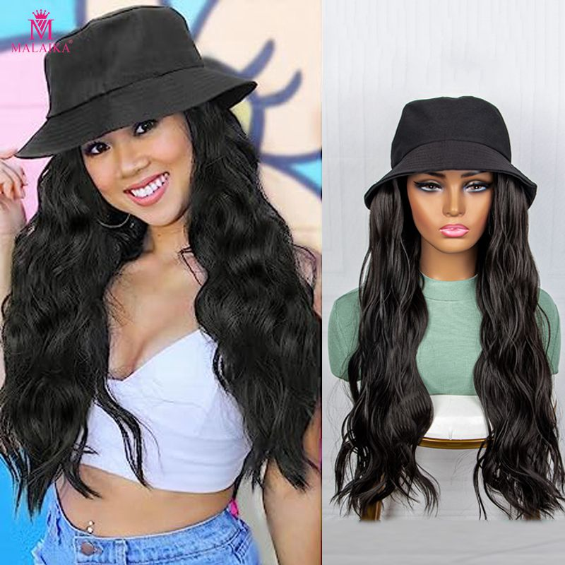 Hat Wig for Women Synthetic Long Water Wave Bucket Hat Wig with Hair Extensions Attached for Women Girl_voghion.com