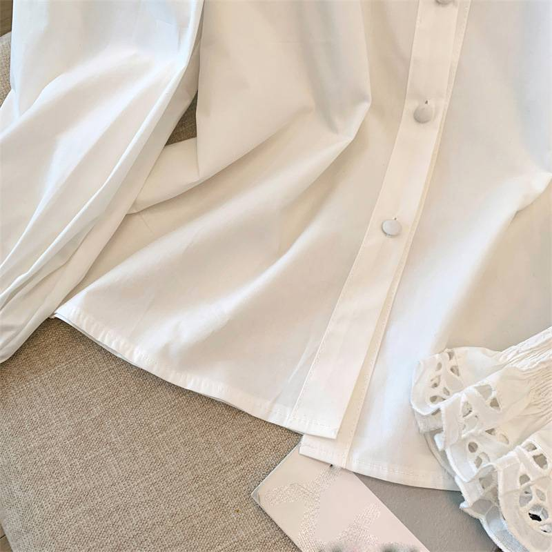 Damenbekleidung Design Nischenhemd Lange Hohlstickerei Laternenärmel Stehkragen Trendy Frühling Und Herbst Weiß_voghion.com