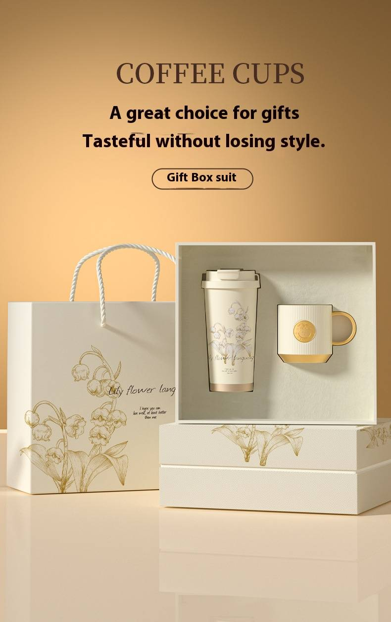 Set regalo per caffè Lily Of The Valley - Elegante bicchiere da viaggio in ceramica e acciaio inossidabile con cucchiaino (530 ml, tazza da ufficio e da auto, a prova di perdite, confezione regalo)_voghion.com