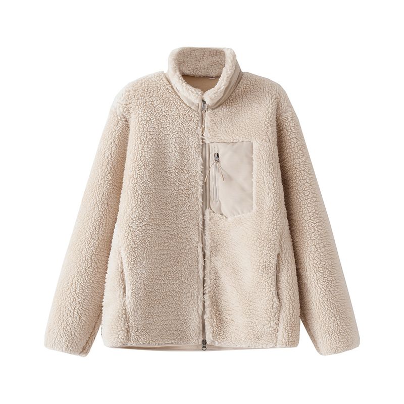 Giacca unisex in sherpa con fodera in pile - Cappotto oversize da coppia con collo alto, cerniera frontale, maniche lunghe per autunno e inverno_voghion.com