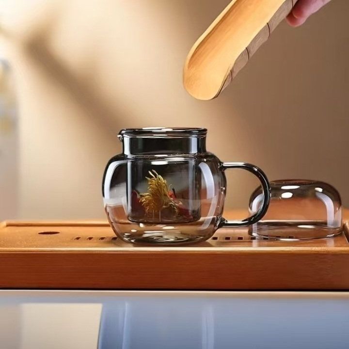 3-piece Set Of Thickened Glass Tea Cups With Lids, Round And Fun Tea Cups, Heat-resistant High Borosilicate Glass Flower Tea Office Cups_voghion.com