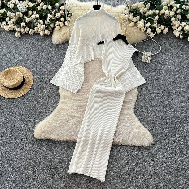 Elegante abito in maglia a trecce con maniche a pipistrello e collo alto da donna, con gilet senza maniche che stringe la vita - Vestibilità morbida e ampia, colori puri_voghion.com