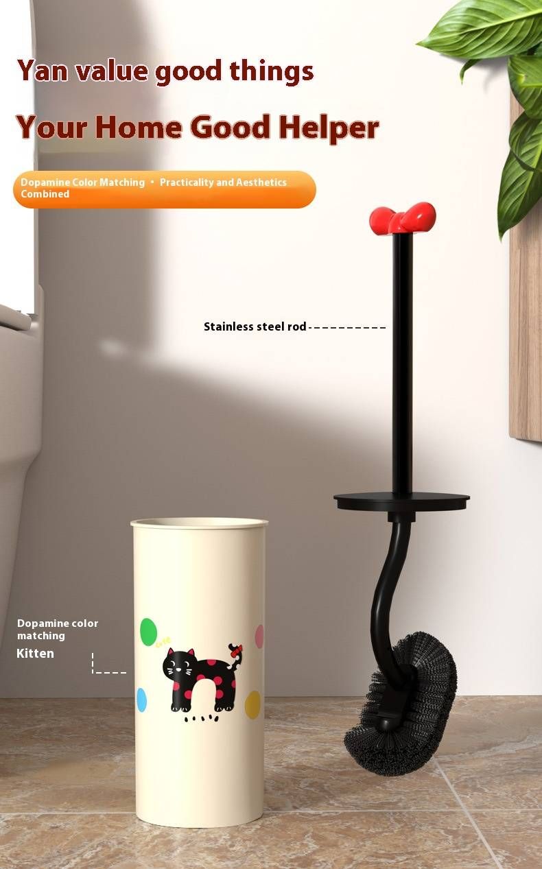 Cartoon Toilet Brush Set With Holder – Soft Bendable Bristles For Deep Cleaning, Non-Scratch Plastic Head (Cute Cat Design, Compact Base)_voghion.com