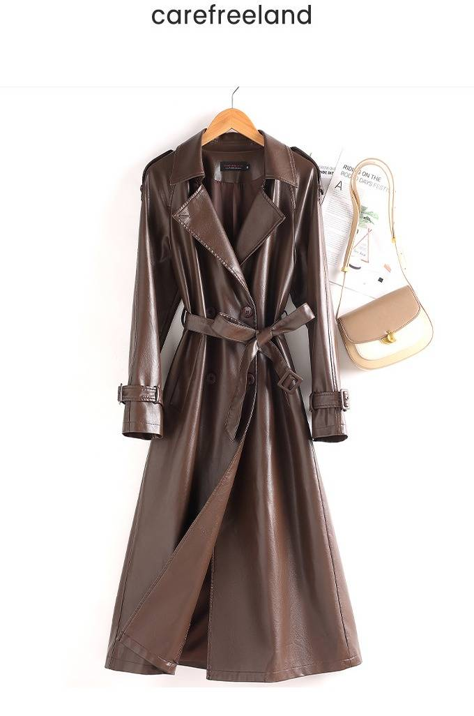 Trench lungo da donna in similpelle con colletto a contrasto - Giacca doppiopetto slim fit per la moda primaverile e autunnale_voghion.com