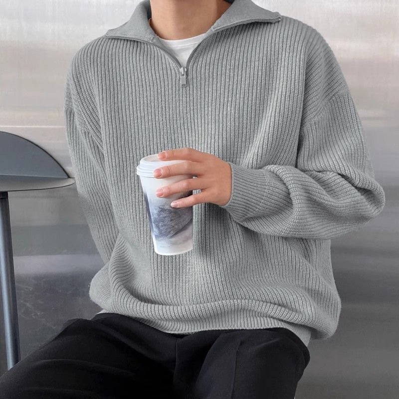 Herren-Strickpullover mit halbem Reißverschluss – Verdickter Winterpullover mit Stehkragen (Schwarz/Grau, M-XXXL)_voghion.com