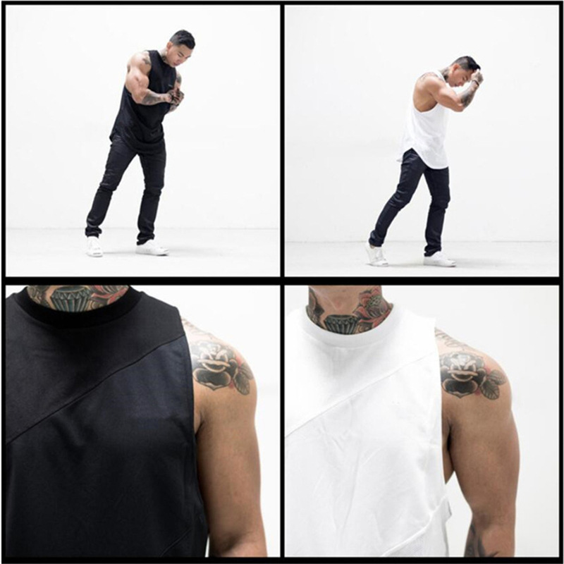Gilet fitness da uomo in rete patchwork di cotone con giunzioni a tre sezioni, gilet fitness in puro cotone tinta unita, lungo e ampio_voghion.com