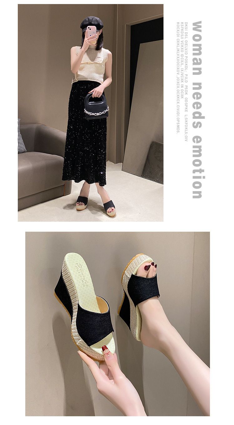 Pantofi de damă Sandale noi cu toc cu pană pentru femei Papuci cu talpă groasă cu floare de prun cu o linie pentru femei Papuci cu pană pentru femei_voghion.com