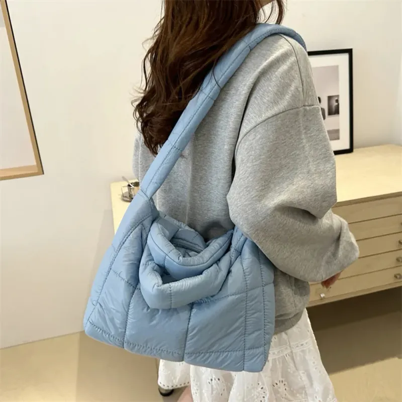 Women Puffer Tote Handbag Large Capacity Casual Padded Solid Color Quilted Top Handle Ladies Commute Bag 240820_voghion.com