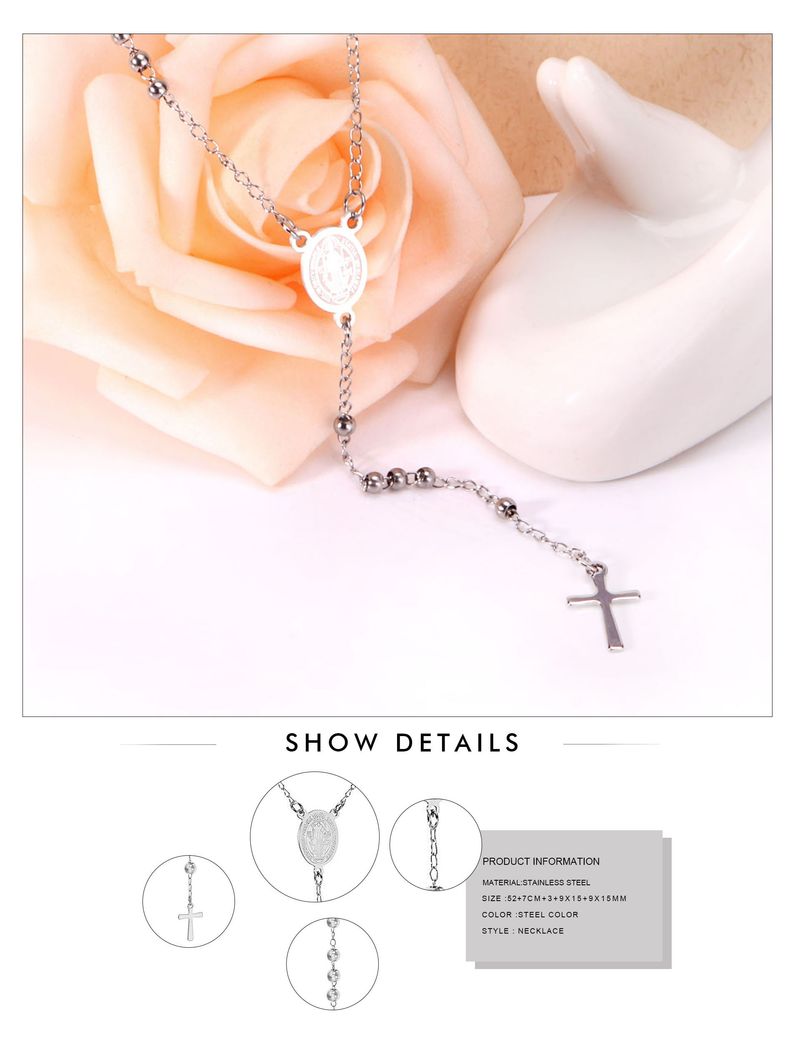 LUXUSTEEL Perline Collana lunga con croce di Gesù per donna Uomo Rosario in acciaio inossidabile cristiano cattolico religioso_voghion.com