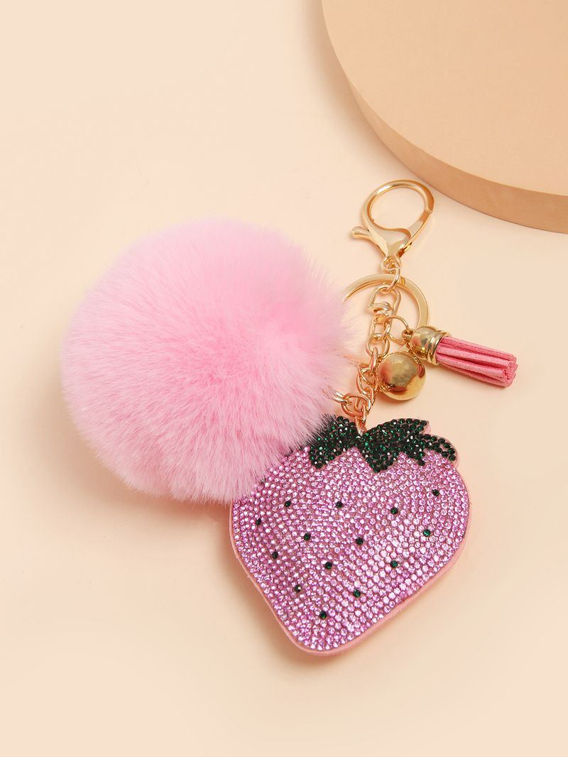 Ciondolo per borsa a forma di cuore a forma di fragola con foratura a caldo, portachiavi da donna, ciondolo con nappa in pelliccia, ciondolo con strass alla moda, piccolo regalo_voghion.com