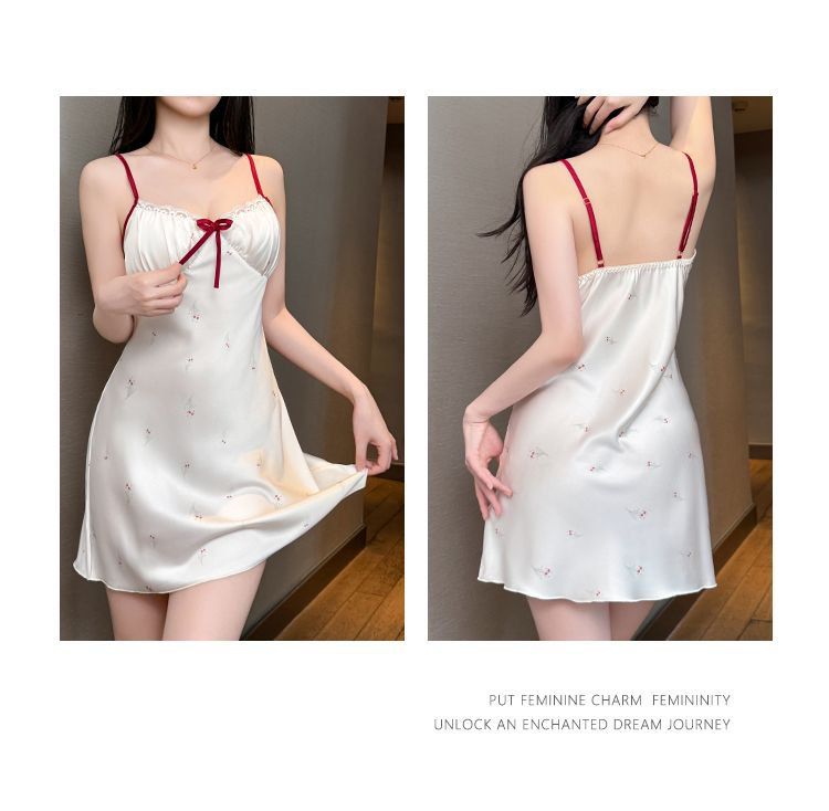 Camisón sexy de verano con encaje y cinta para el pecho, estilo fino, versión coreana, con lunares._voghion.com