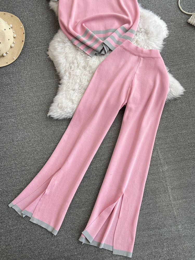 2024 Nuevo traje de moda para mujer primavera estilo coreano cuello en V suelto contraste de color tejido de dos piezas cintura alta pantalones de pierna ancha_voghion.com