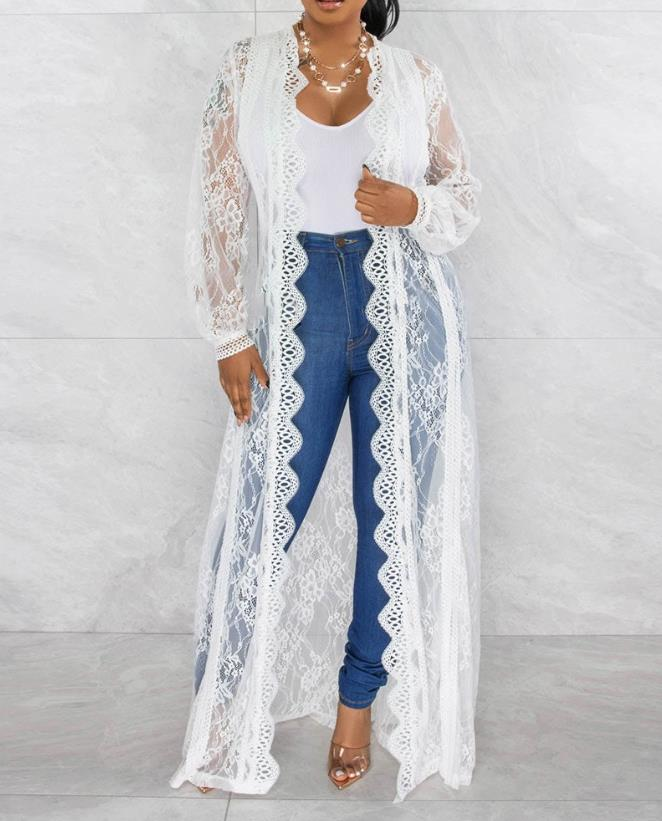 Women Jacket 2023 Spring Fashion Crochet Lace Scallop Trim Casual Long Sleeve Plain Open Front Longline Daily Straight_voghion.com