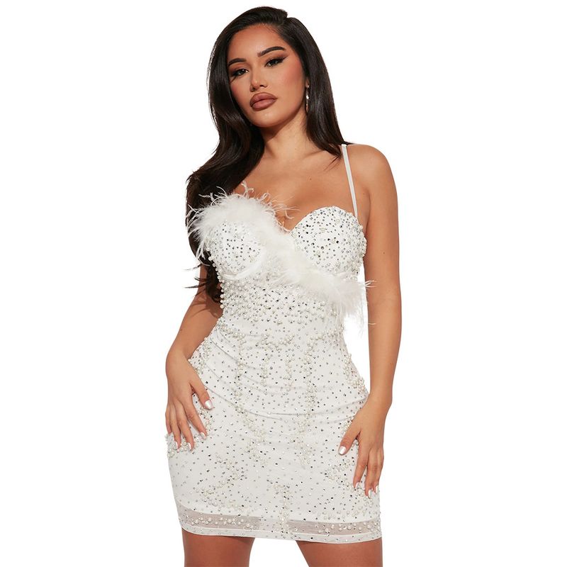 Women's Clothing Sexy Suspender Hot Diamond Dress With Spliced wool Clauses_voghion.com