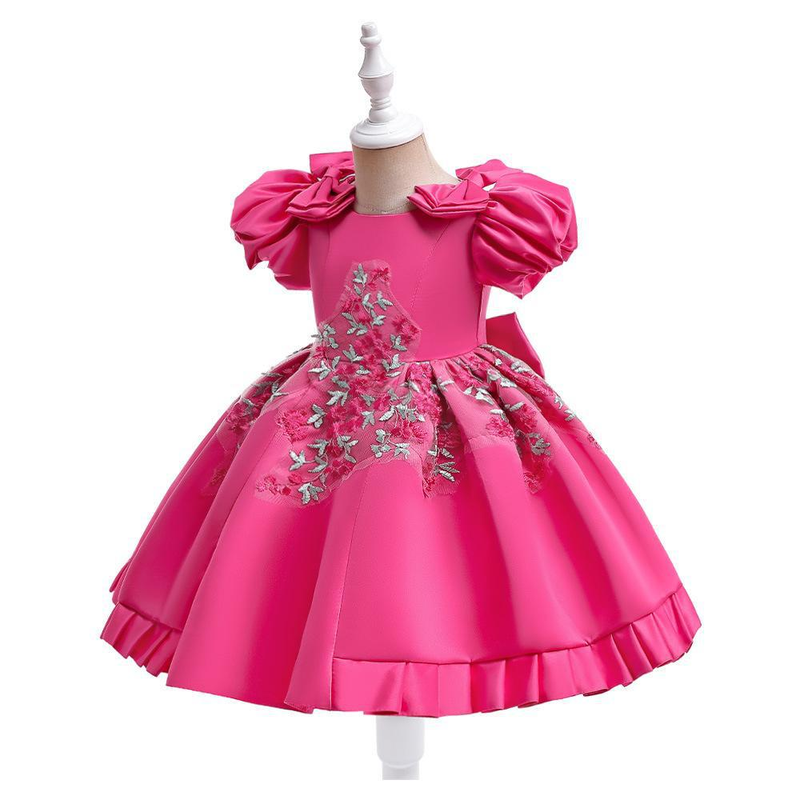 Robe pour enfants et enfants d'âge moyen, taille brodée en trois dimensions, robe de princesse à manches bouffantes avec nœud bouffant_voghion.com
