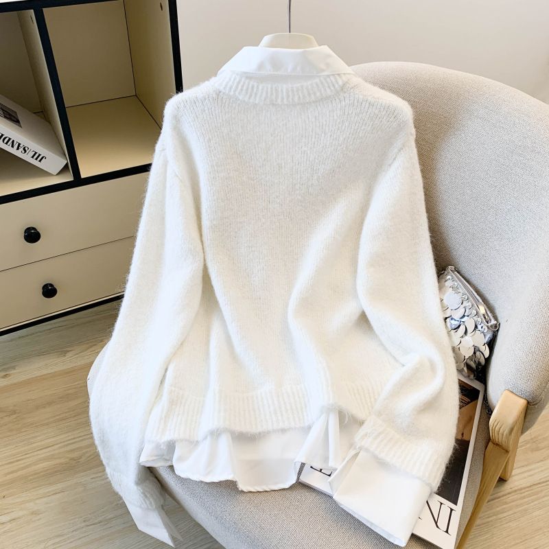 Abbigliamento da donna in stile coreano, camicia a strati e top in maglia, outfit autunnale da donna - grigio, bianco e blu_voghion.com