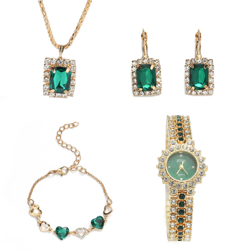 Klein Groen Horloge Dames Stalen Quartz Horloge + Ring Set Geschenkdoos 5st/set_voghion.com