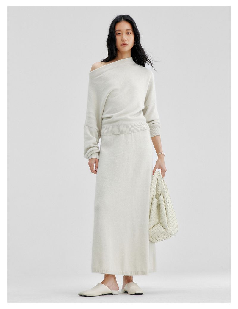 Mädchen Bie Qing Cool Temperament Style Weicher schulterfreier One-Shoulder-Strickpullover für Damen Herbst Minimalistischer Drop Shoulder_voghion.com