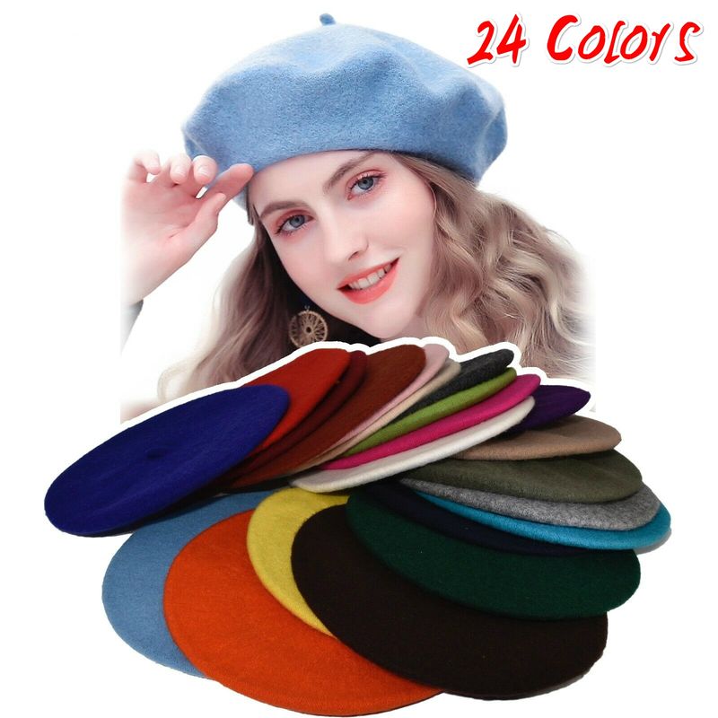 New Arrivals Women Girl French Artist Warm Wool Beanie Hat Cap Vintage Plain Beret Hats Solid Color Elegant Lady Winter Caps_voghion.com